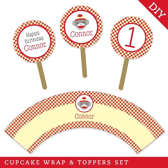 Sock Monkey party - Personalized DIY printable cupcake wrapper and topper set