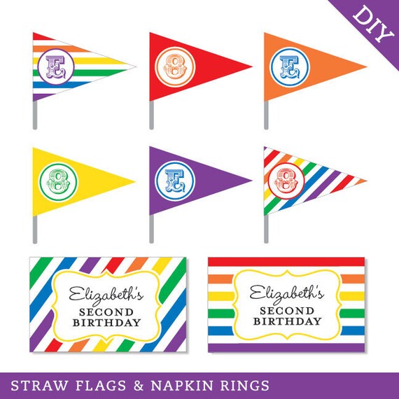 Rainbow party - Personalized DIY printable straw flags and napkin rings