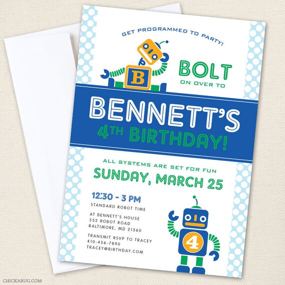 Robot party - Set of 15 custom invitations - Printable file also available Il_570xn