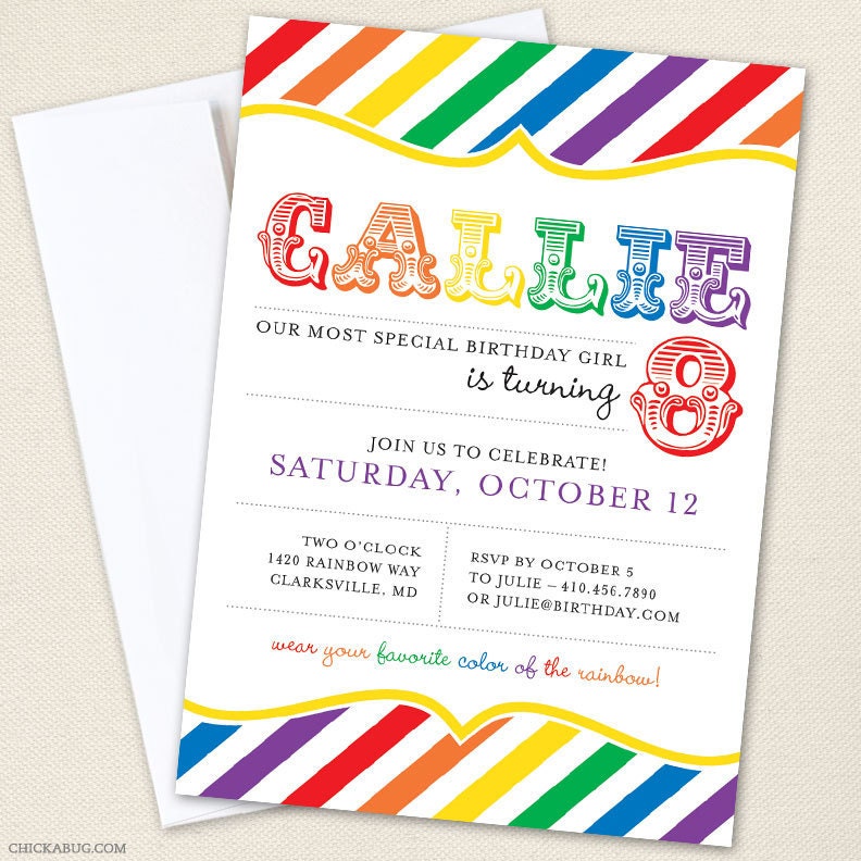 Rainbow party - Set of 15 custom invitations - Printable file also available