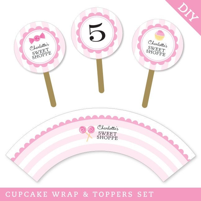 Sweet Shoppe party - Personalized DIY printable cupcake wrapper and topper set