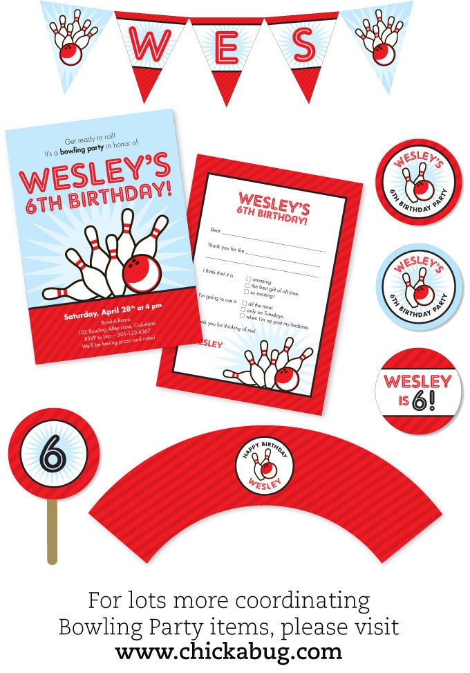 Bowling party - Set of 15 custom invitations - Printable file also available
