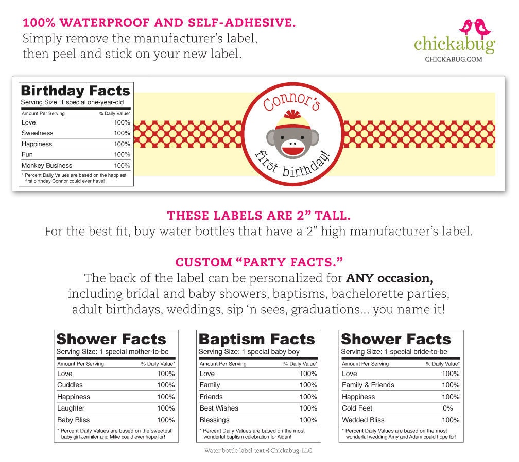 Sock Monkey - Personalized water bottle labels - Set of 15