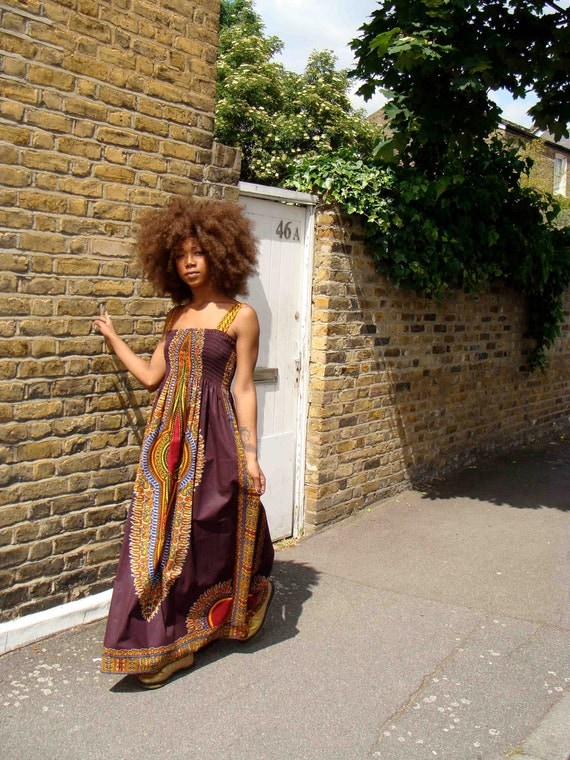 African Dashiki-Print Maxi Dress S/M Brown