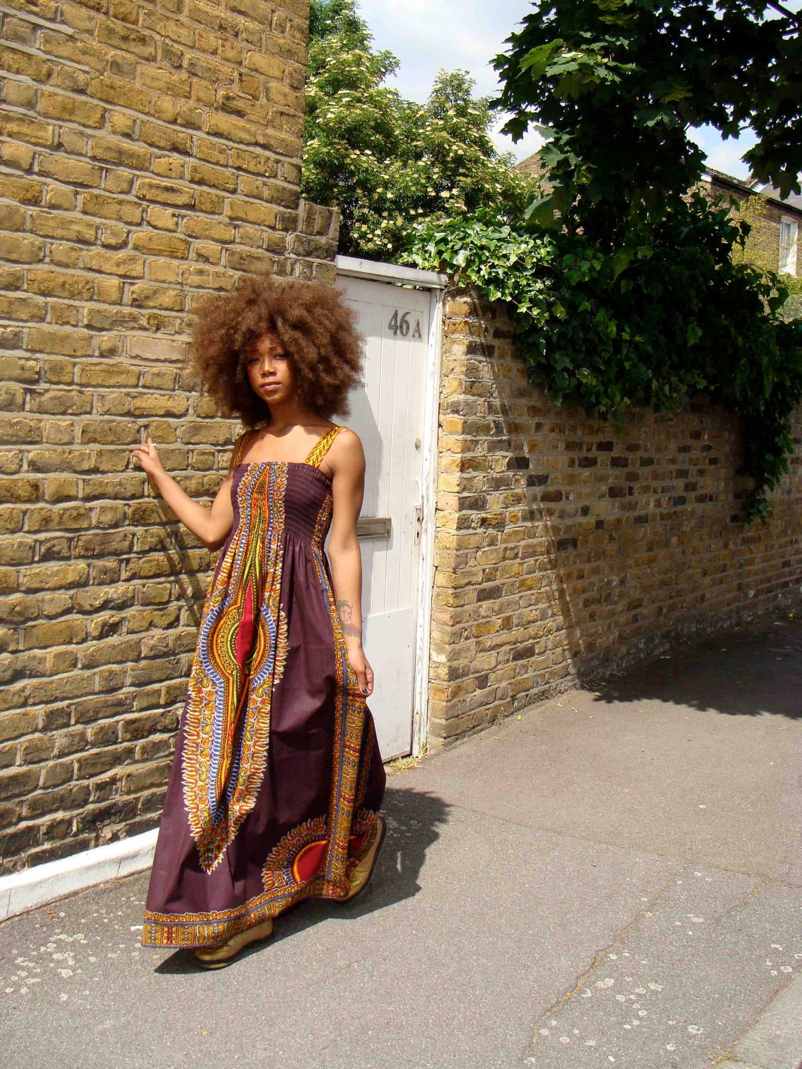 African Dashiki-Print Maxi Dress S/M Brown