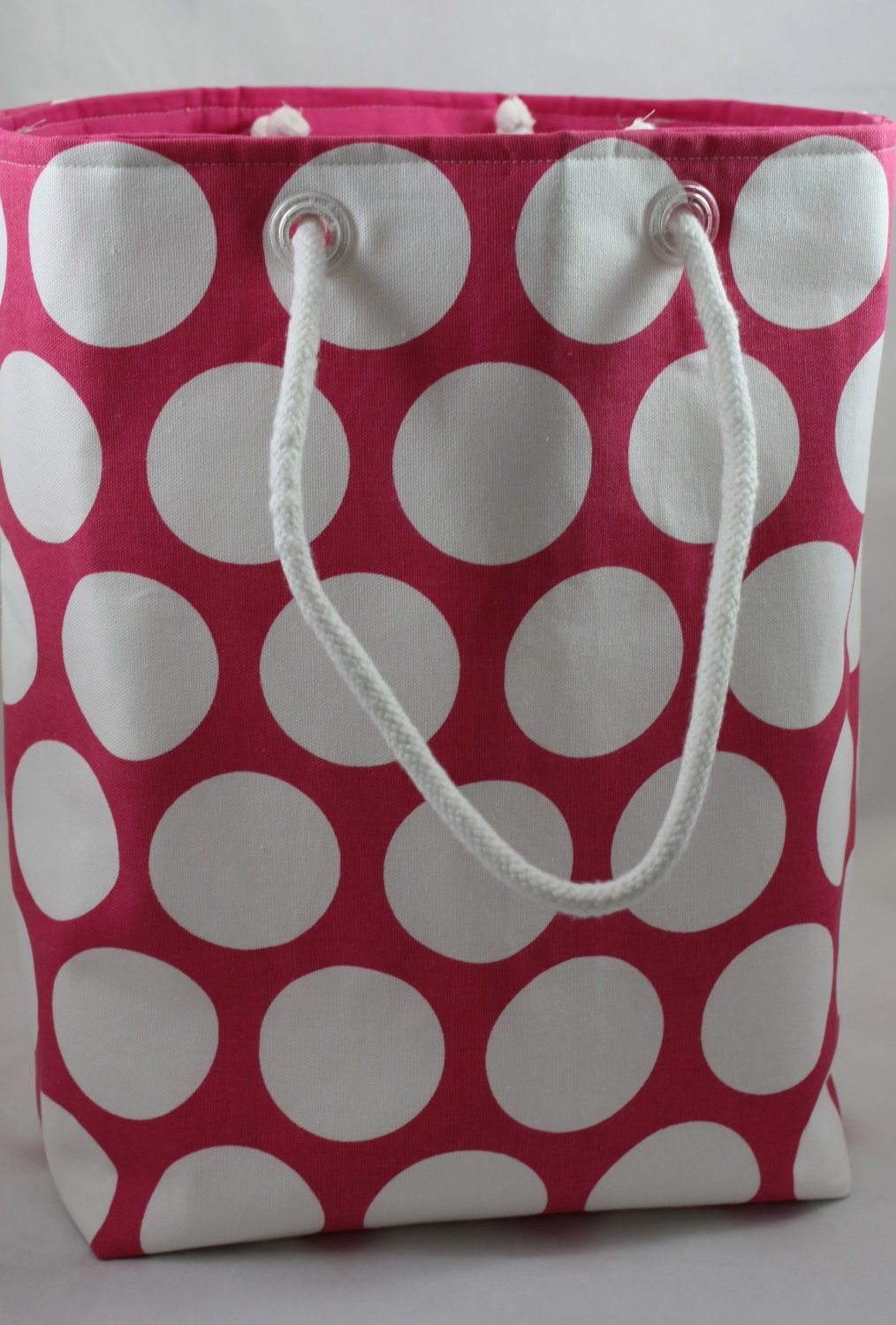 Reversible Fabric  Tote All Pink with White Polka Dots with Rope Handles
