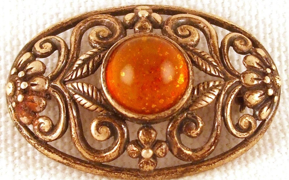 Pretty Silver and Amber Brooch Art Nouveau
