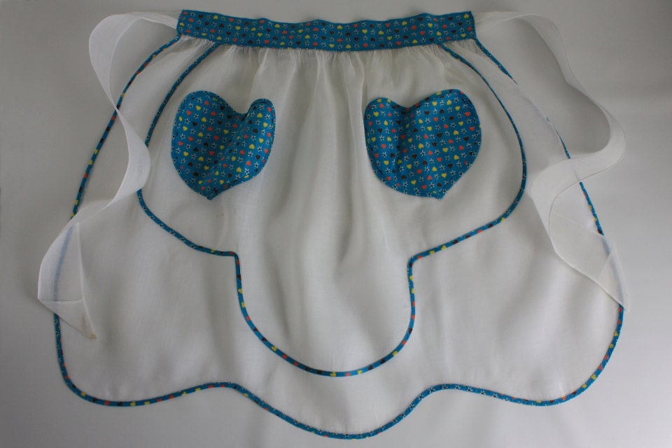Vintage Handmade Half Apron: Sheer Organza Hostess Apron with Cotton Calico Accents and Heart Shaped Pockets, One Size