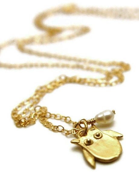 Gold Owl and Pearl Necklace