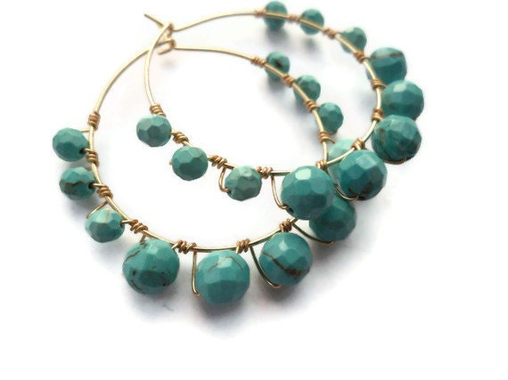 Graduated Blue Turquoise & Gold Wire Wrapped Hoop Earrings