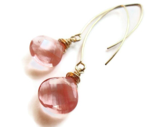Cherry Quartz on Simple Gold Drop Earrings