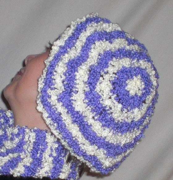 Handknit Beret / Hat - Purple and Off-White Stripes Boucle Yarn (Twin Smiles)