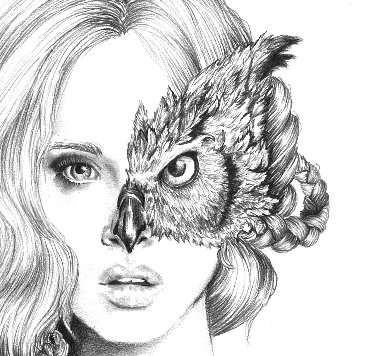 Iris - illustration- Owl mask- Black and white- 8X10 signed print- woman -portrait