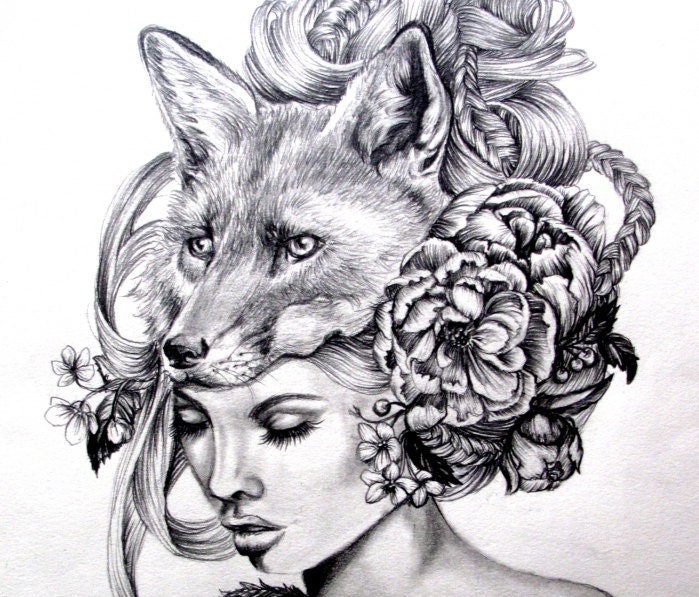 Illustration- Fox mask- Black and white- 8 X10 signed print- woman portrait- power animal