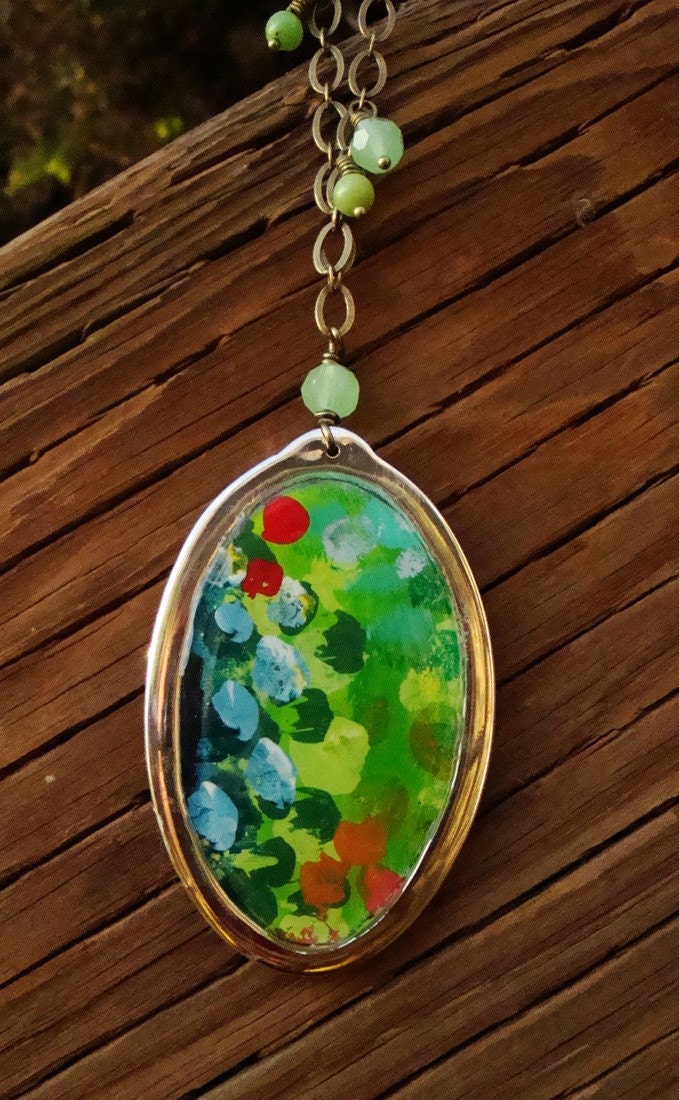 Harlequin and Kelly - Long Length Necklace in Bronze
