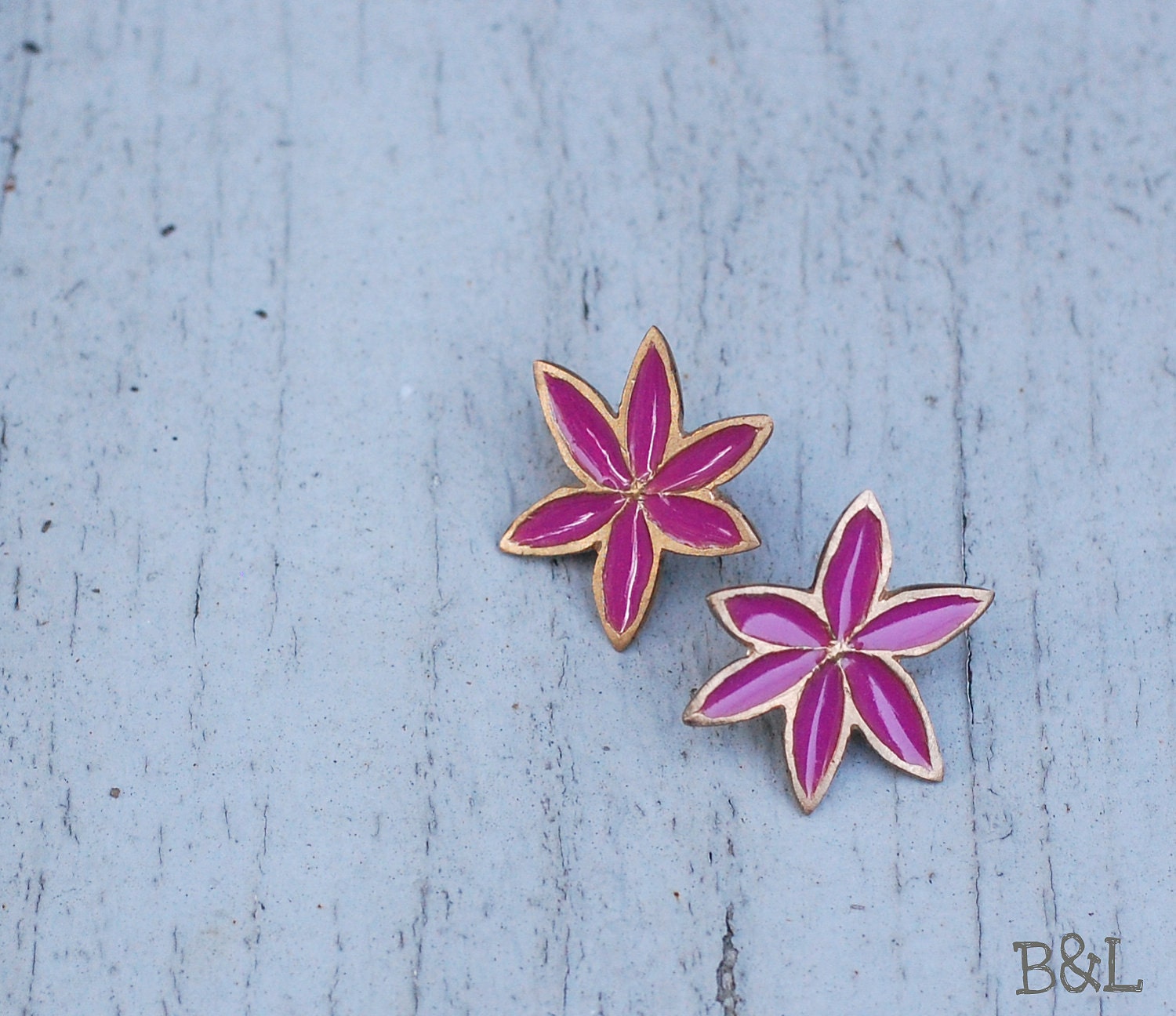 Fuchsine Pink Floral Post Earrings in Bronze