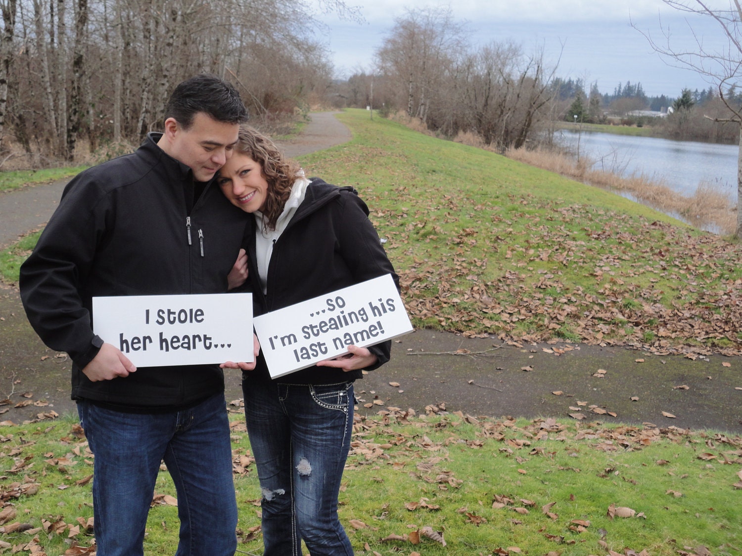Engagement Signs, Photography Props, Save the Date.  I Stole her heart and So I'm Stealing his last name. 8 X 16 inches, 2 signs, 1-sided.