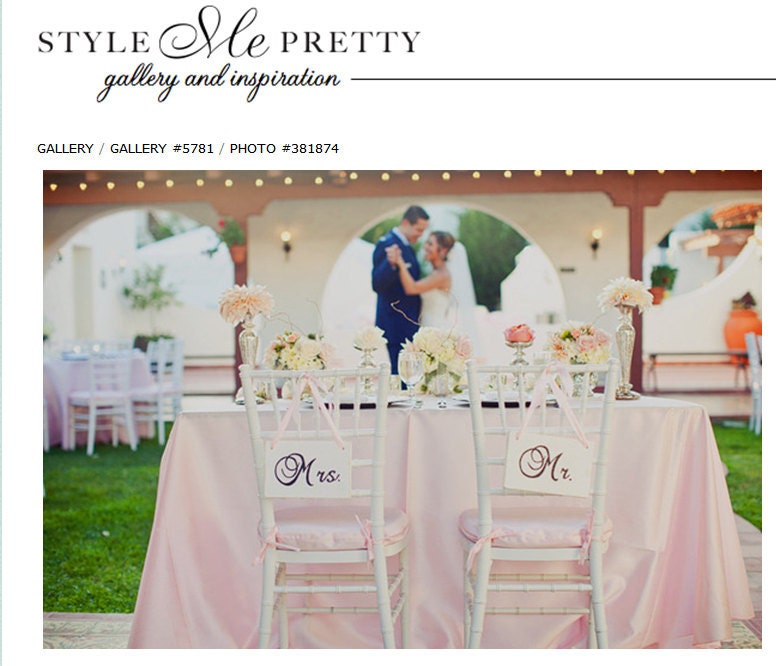 Mr. and Mrs. Wedding Chair Signs with Thank You on the back. Seen on Style Me Pretty. 6 x 12 inches, 2-sided. Wedding Seating Signs.
