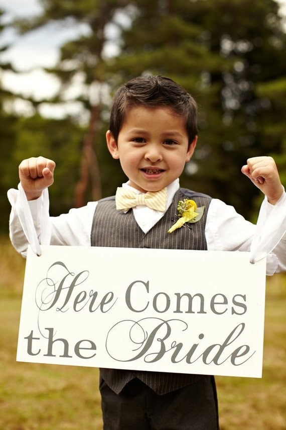 Here Comes the Bride with And they lived Happily ever after Wedding Sign. Seen in Style Me Pretty. 8X16, 2-Sided. Flower Girl, Ring Bearer.