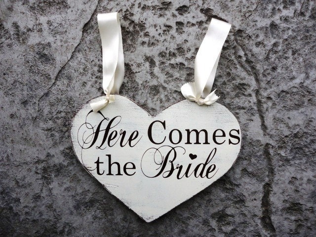 Wood Wedding Sign, Here Comes the Bride with And they lived Happily ever after. 11 1/2 X 14 1/2 inches, 2-Sided. Heart Bridal Wedding Sign.