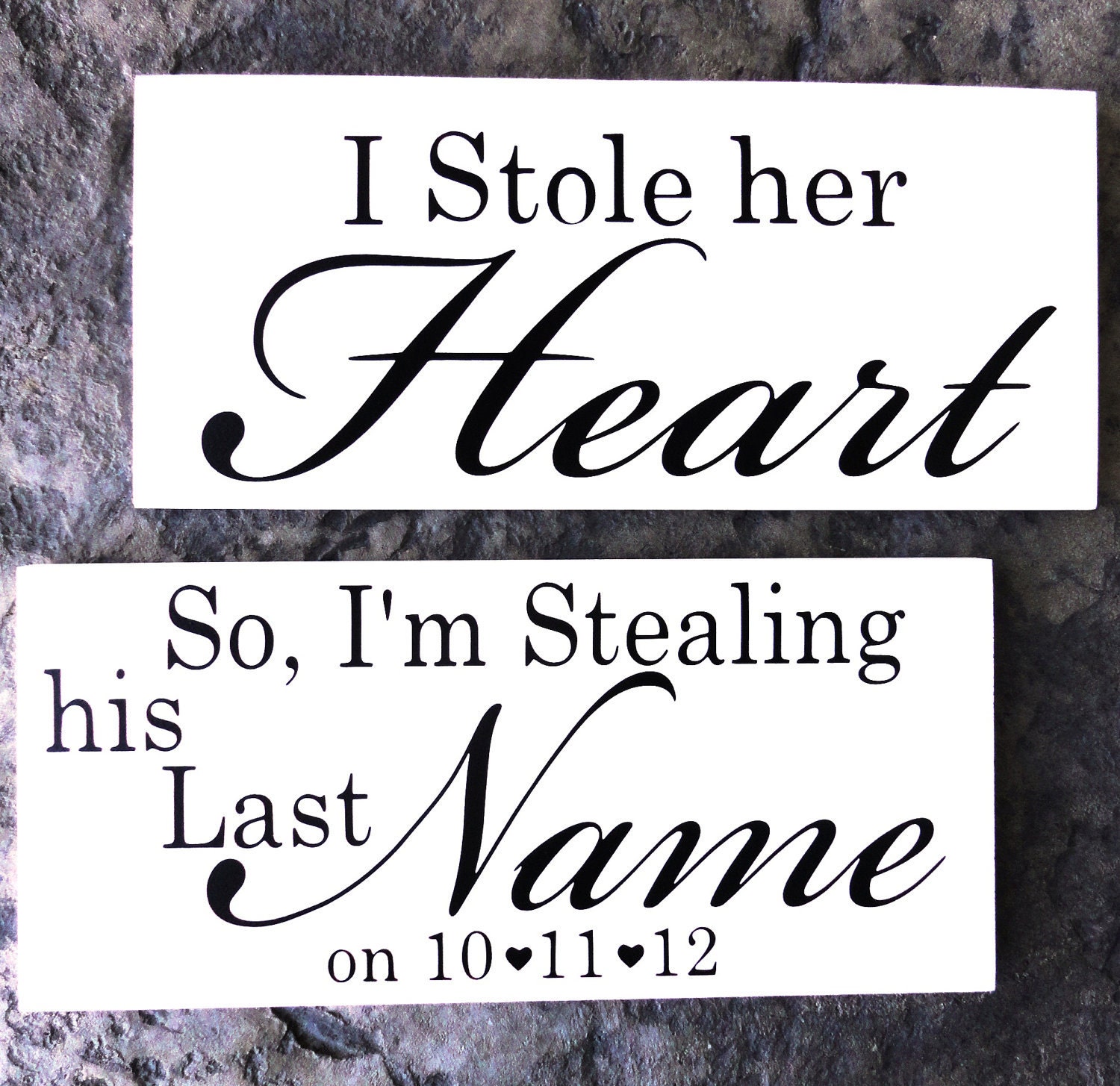 Engagement Photo Props. I Stole her Heart & So, I'm Stealing his Last Name with Date with Red Hearts. 8 X 16 inches, 2 signs, 1-sided.