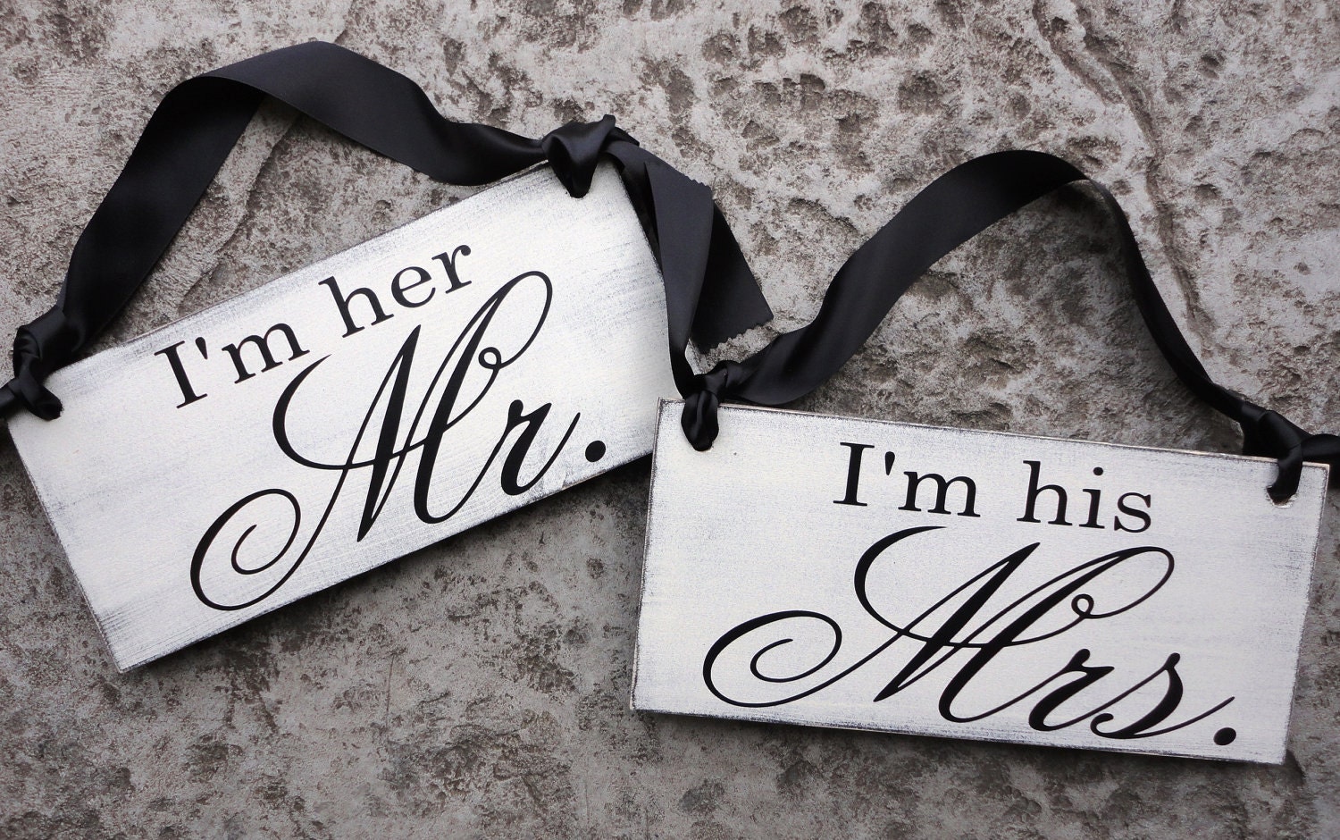 Wedding Chair Signs, I'm her Mr. and I'm his Mrs. with Bride and Groom on the back. Vintage Paint, 2-sided, Rustic Wedding Signs.