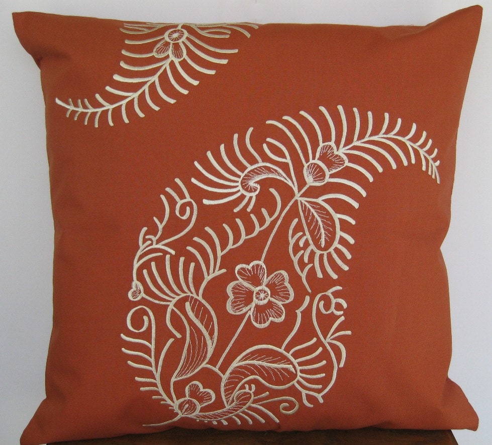 Embroidered Decorative Pillow Cover - Decorative Leave - 18" x 18" Rust Pillow with Cream Embroidery (READY TO SHIP)