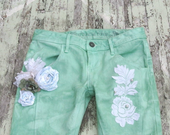 Skinny jeans, boho chic, embellished denim, mint green, cottage chic, romantic country chic jeans, true rebel clothing, small