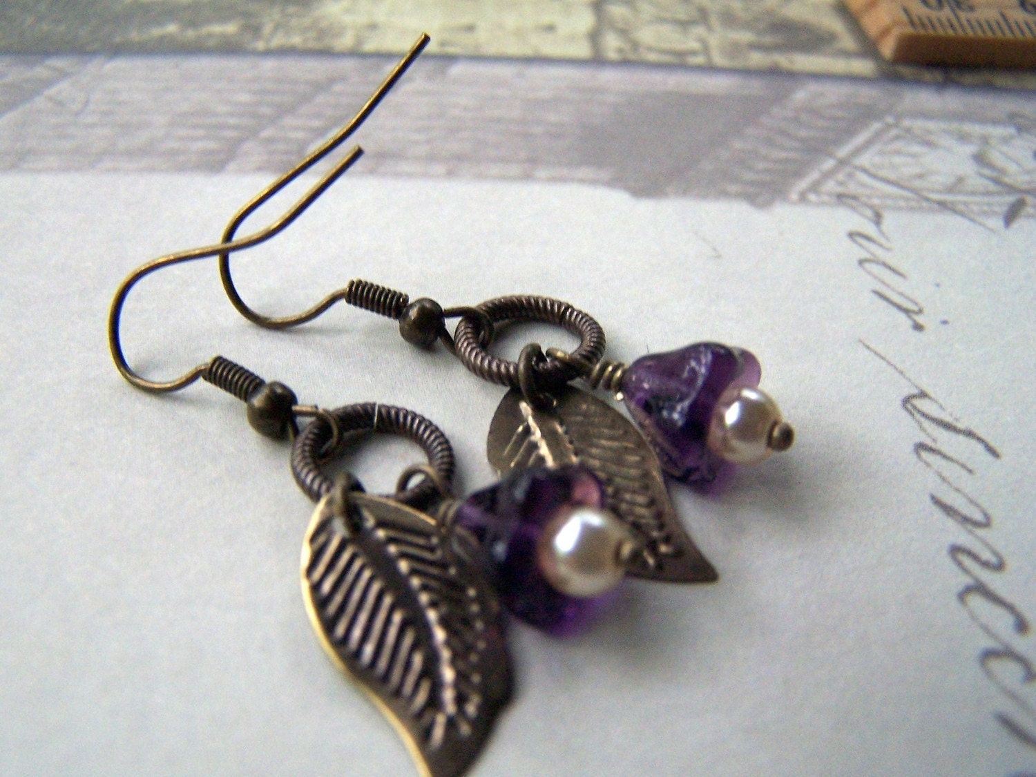 Purple Flower Earrings - Vintage Earrings - Estate Style Romantic Neo Victorian Vintage Inspired - stonehorsedesigns