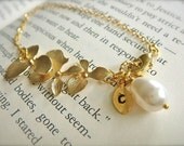 Personalized Initial Leaf with Gold Orchid and White Teardrop Pearl Bracelet - Wedding, Bride, Bridal, Bridesmaid, Mother's Day