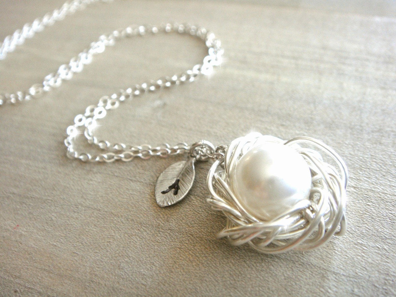 Personalized Birdnest Pendant - 1 Pearl Wrapped in Silver - Choose Your Initial - mom, mother, grandmother, kids, children, Mother's Day