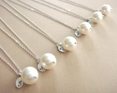 Bridesmaid Gift - 7 Cream or White Pearl Hand Stamped INITIAL Necklaces in Sterling Silver - choose pearl color  - 10% off