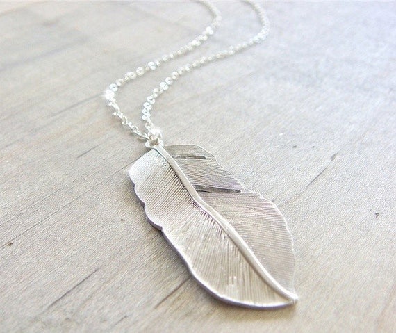 Silver Feather Necklace - LONG 28 inch sterling silver chain