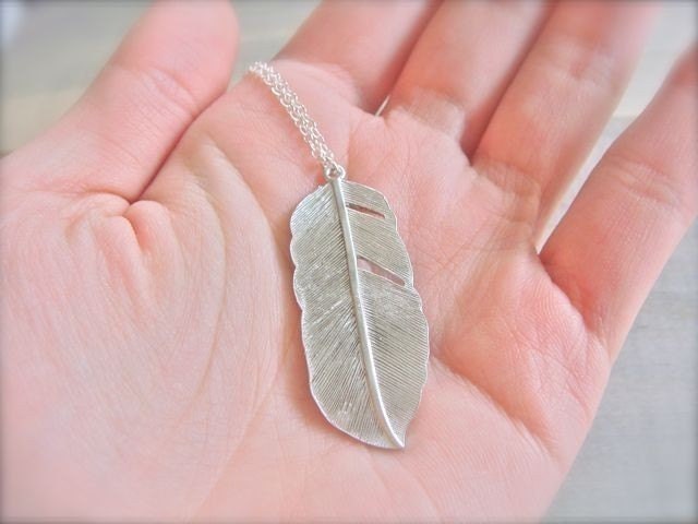Silver Feather Necklace - LONG 28 inch sterling silver chain