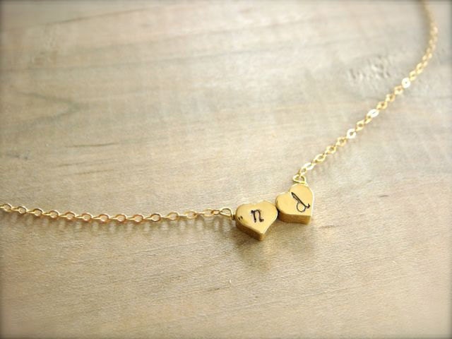 Two Heart Initial Necklace in Gold - REVERSIBLE - Bride, Bridal, Bridesmaid gift, Wedding, Mother's Day, Anniversary