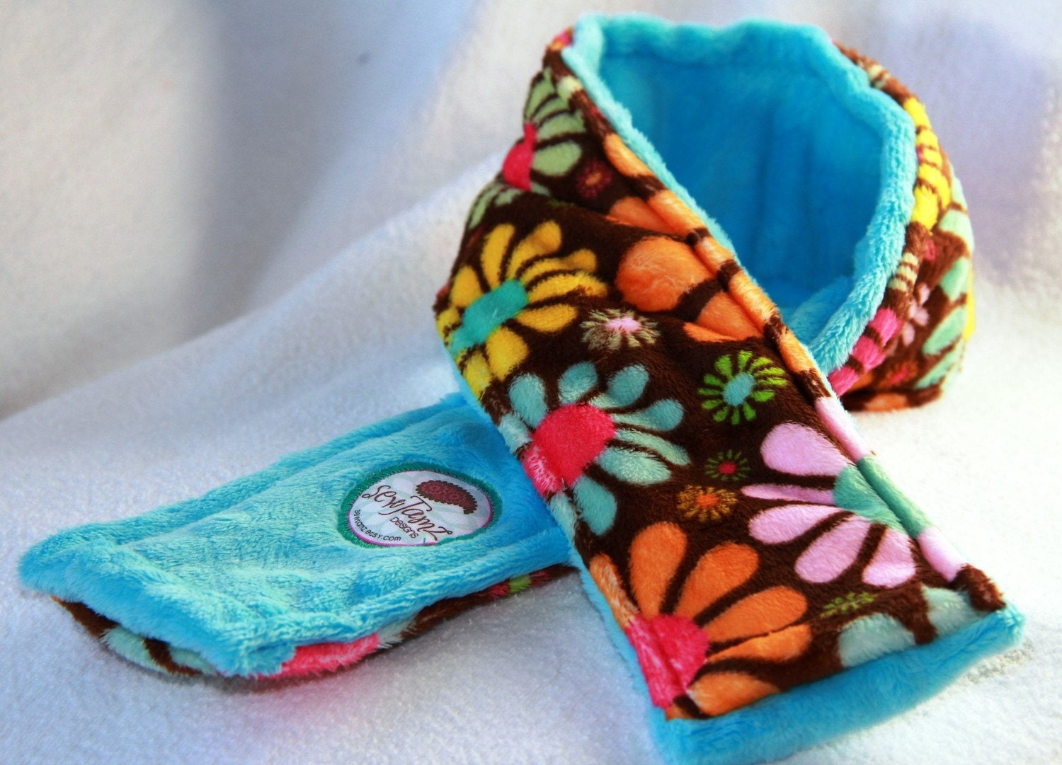 Camera Strap Cover in ALL MINKY - Big Flowers on Chocolate and Bright Colors
