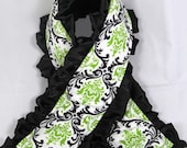 Ruffle Camera Strap Cover- Lime and Black Damask with Black Minky Dot