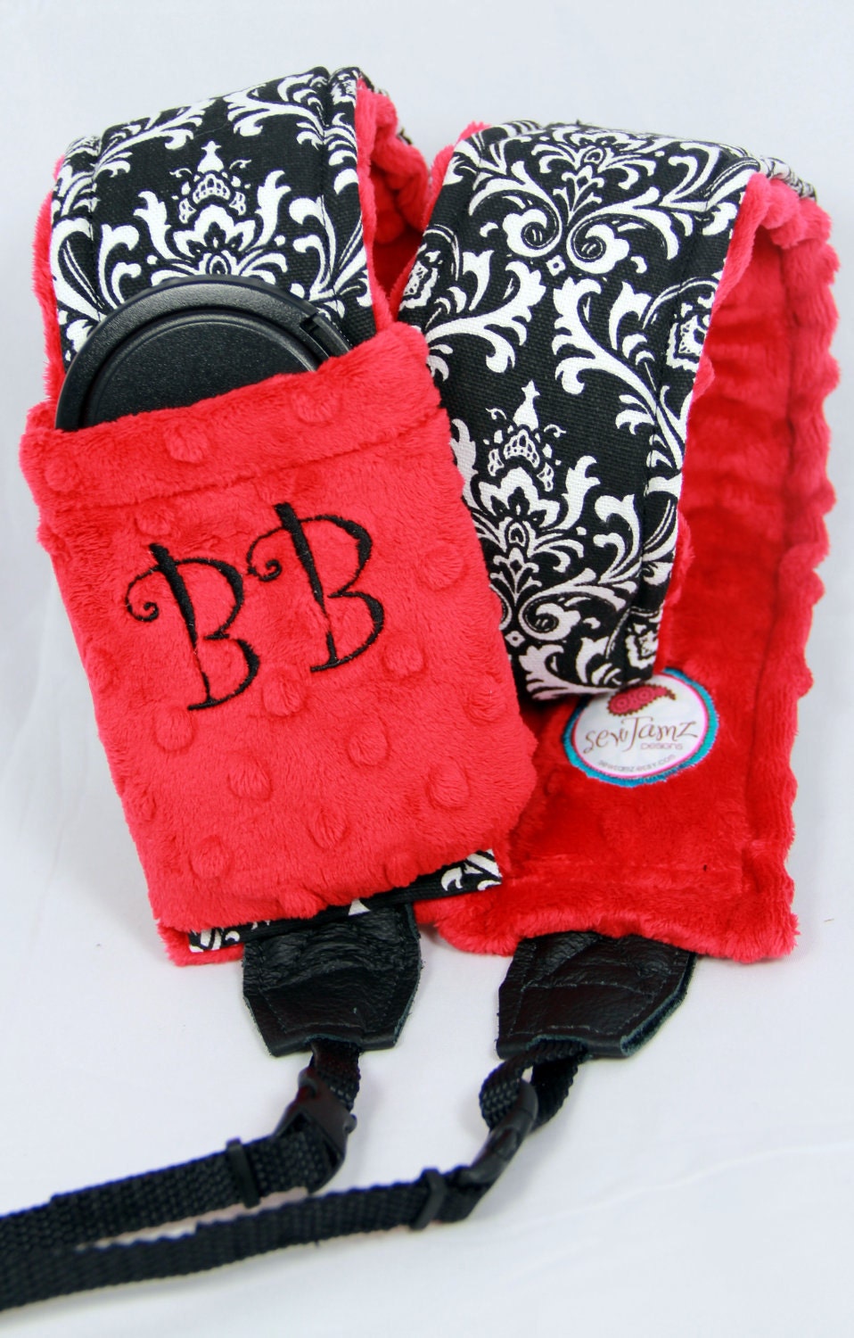 Personalized  Neoprene Quick Release  Hipster Camera Strap Set -Black Damask with Red Minky