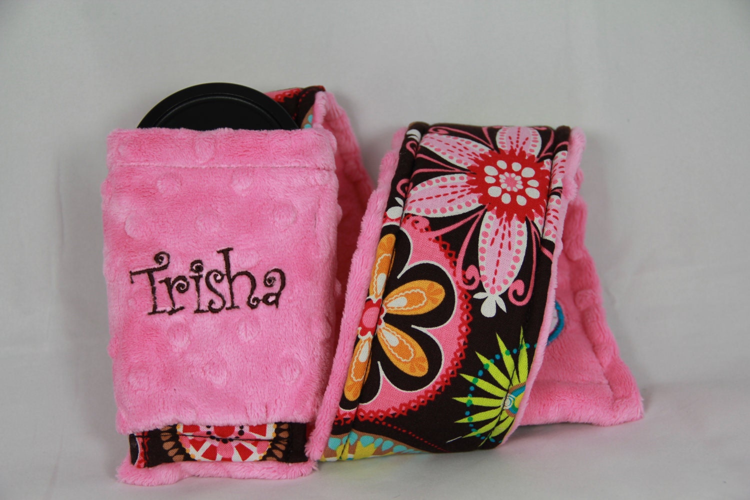 Personalized Camera Strap Cover Set in Carnival Bloom with Pink Minky with Name Dual Lens Cap Sleeve