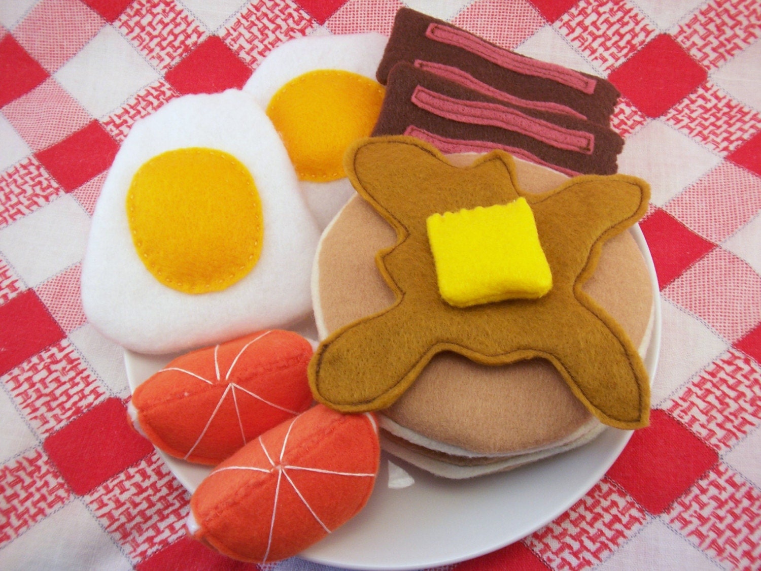 Breakfast Set - Felt Play Food - 2 Pancakes, 2 Eggs, 2 Bacon, 2 Orange Slices, Butter and Syrup - Eco Friendly Felt Stuffed with Sustainable Bamboo Fiber