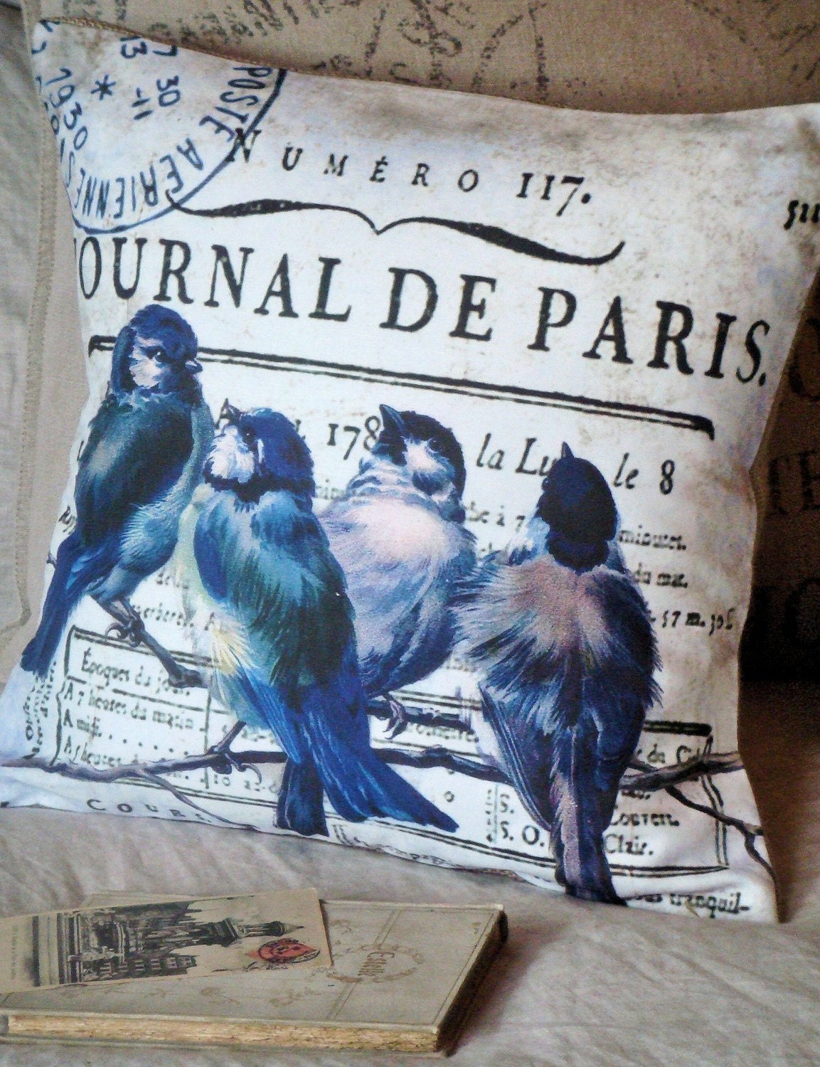 Pillow Cover...the Journal Bluebird cotton and burlap