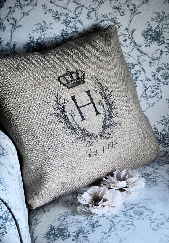 Burlap Pillow Cover Monogrammed Pillow seen in Brides Magazine