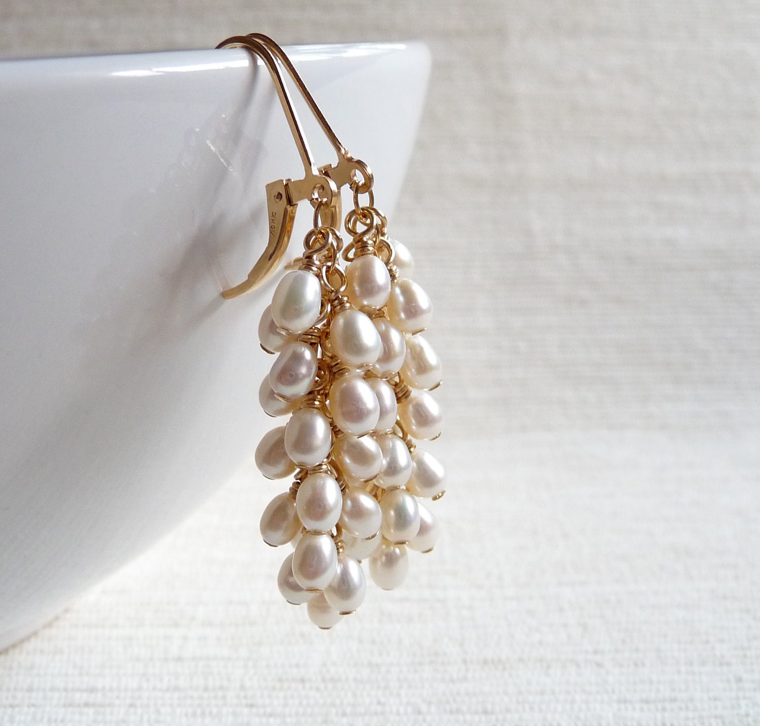 Pearl Earrings, White Pearl Cluster Earrings, Freshwater Rice Pearls, Gold Filled Earrings, Wedding Bridal