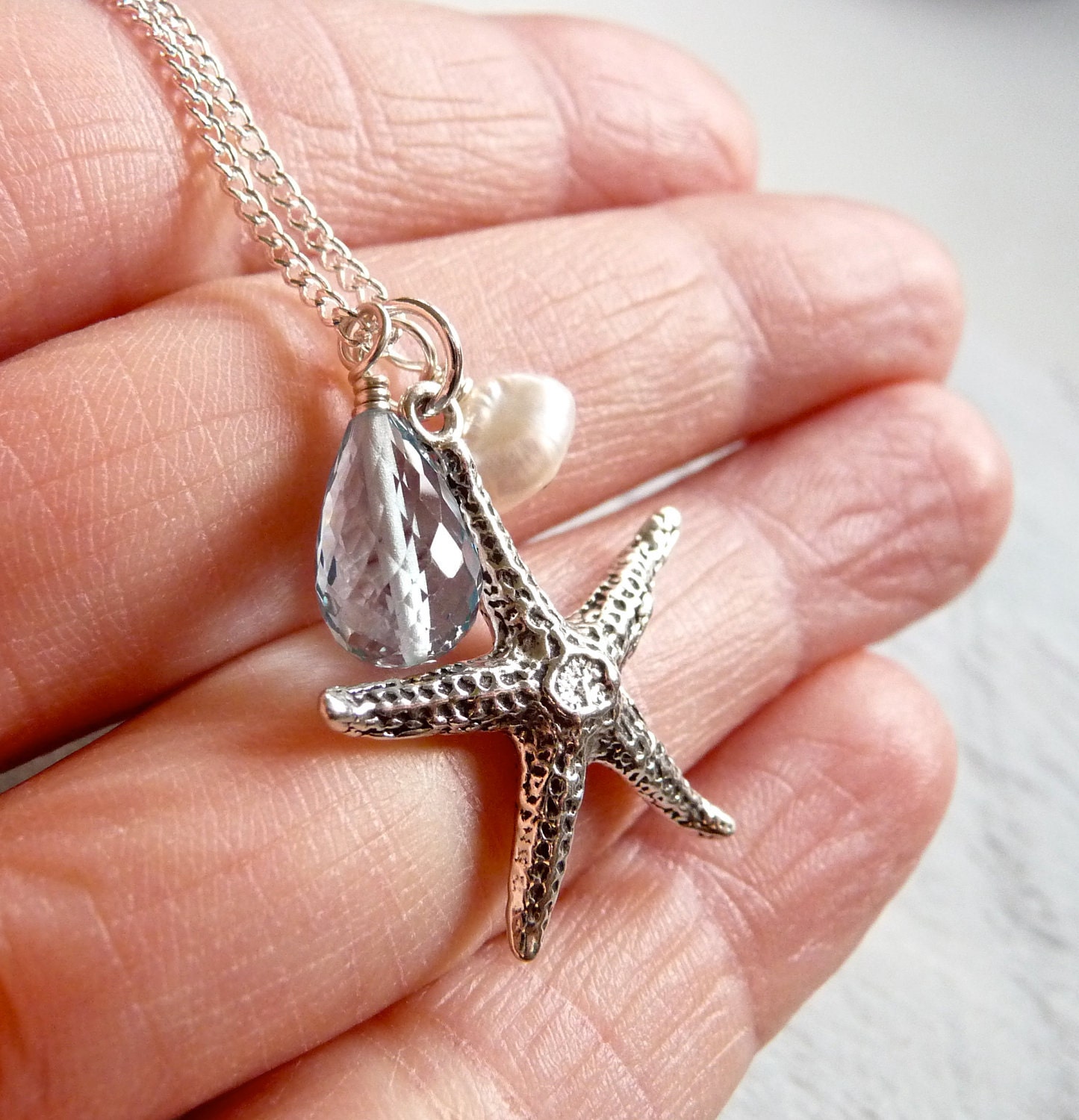 Starfish Necklace, Blue Topaz Necklace, White Pearl, Sterling Silver Charm Necklace