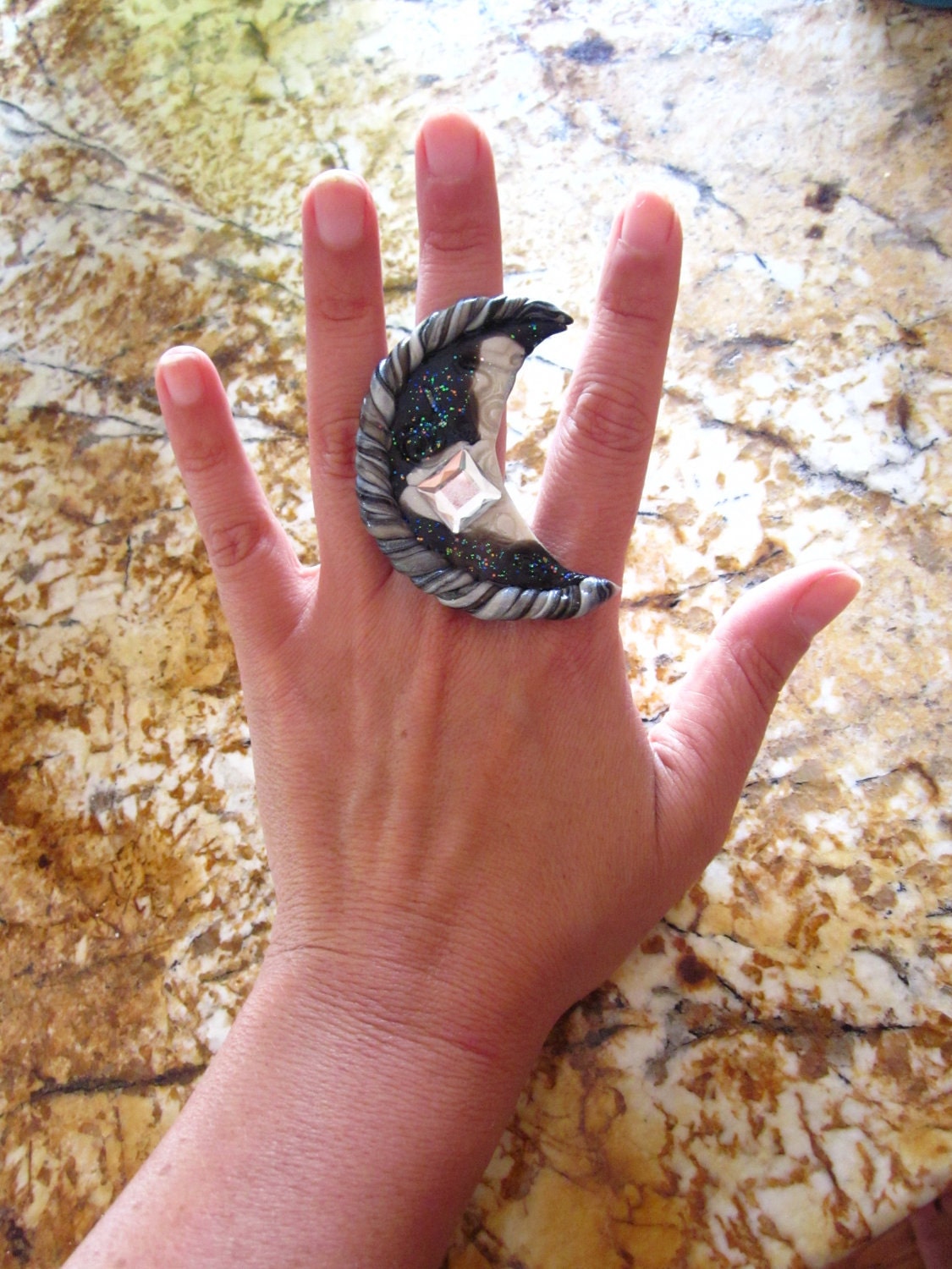 CRESCENT MOON, Gypsy Statement RIng, with Crystal Gem,custom colors and sizes