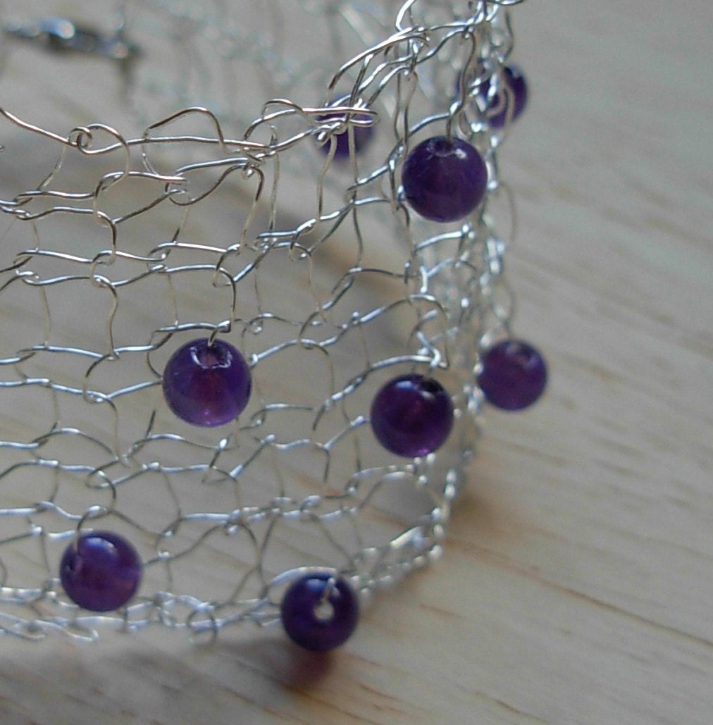 Knitted Silver Bracelet with Amethyst