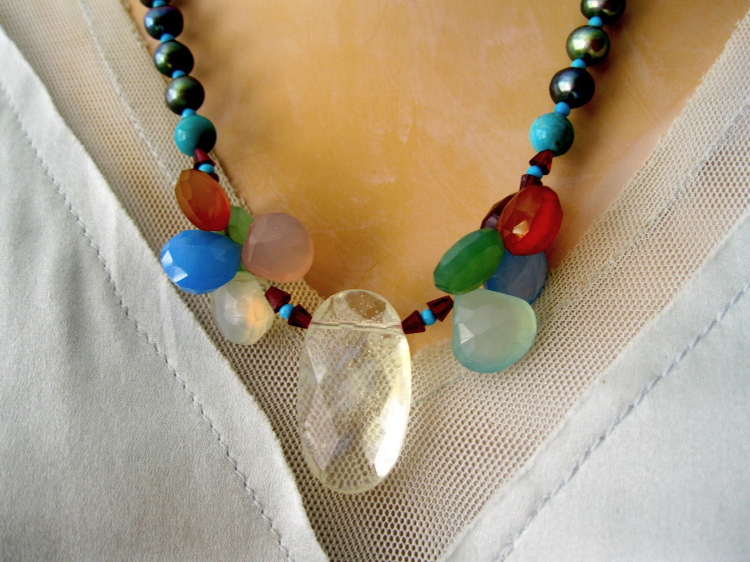 Pearl necklace with Turquoise Lemon quartz Chalcedony and Turquoise PEACOCK FEATHER Sterling Handmade Jewelry Artisan