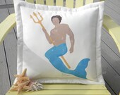 Merman pillow outdoor indoor merfolk hand painted coastal ocean beach island merpeople mermaid sea wedding engagement Crabby Chris Original