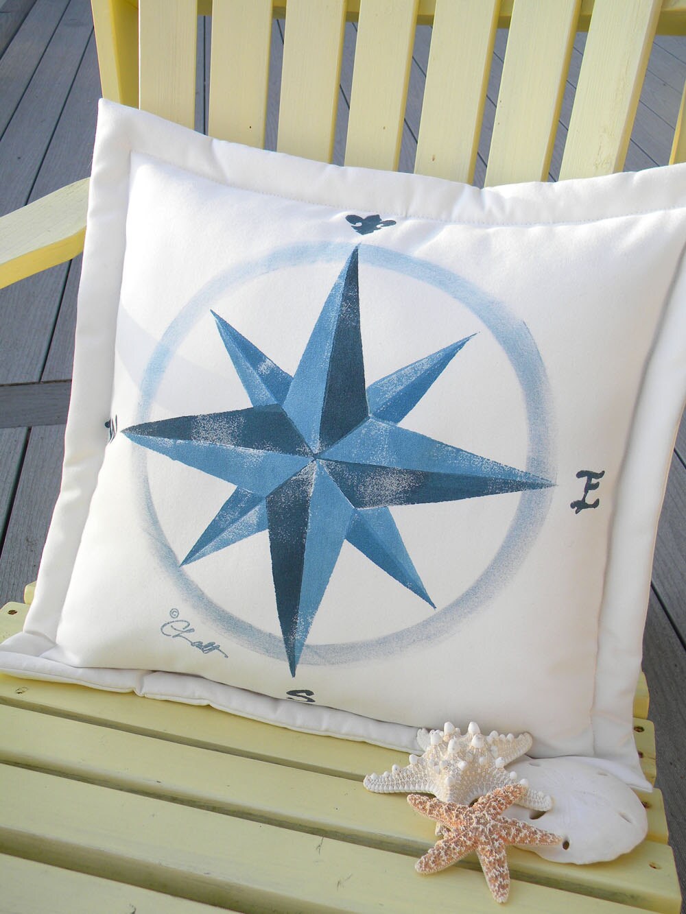 Compass rose indoor outdoor pillow 20" blue navigation boating sailing true north map chart cardinal directions