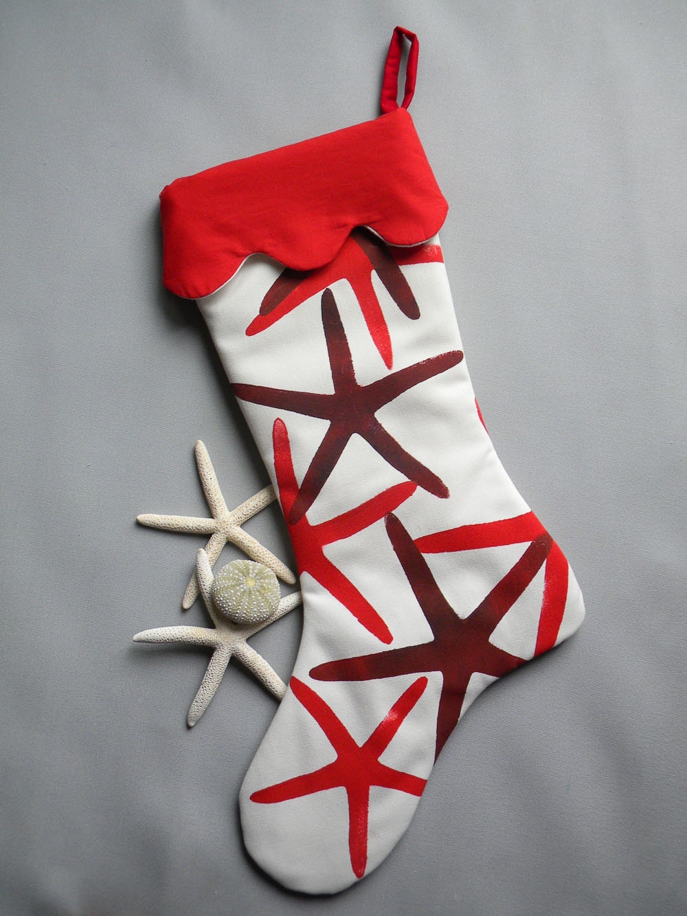 Starfish Christmas stocking 24" coastal finger  sea star starfish red merlot burgundy beach tropical cottage cabin Crabby Chris Original